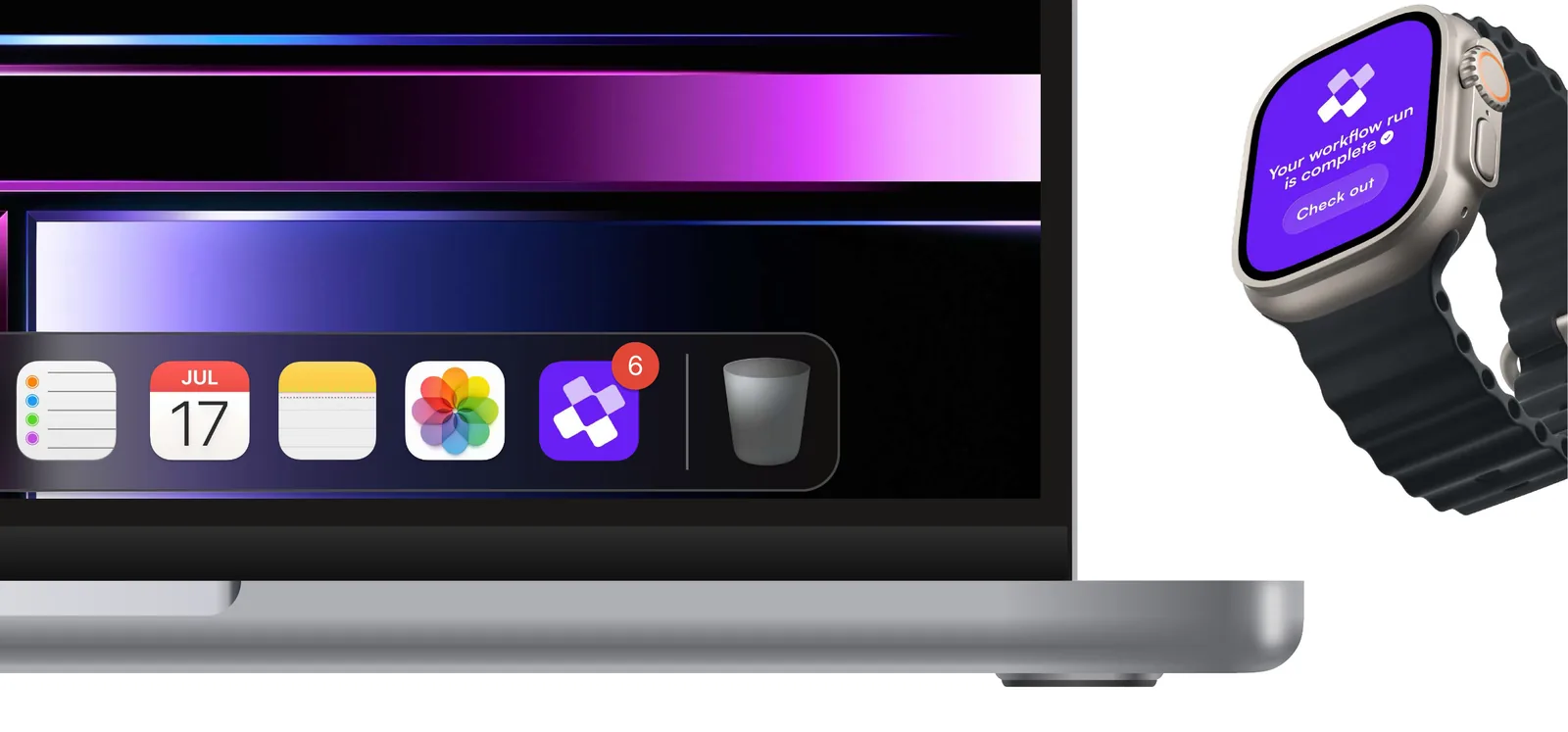 The Lodol app icon in a laptop's dock, and a watch showing a Lodol notification that a workflow run is complete.