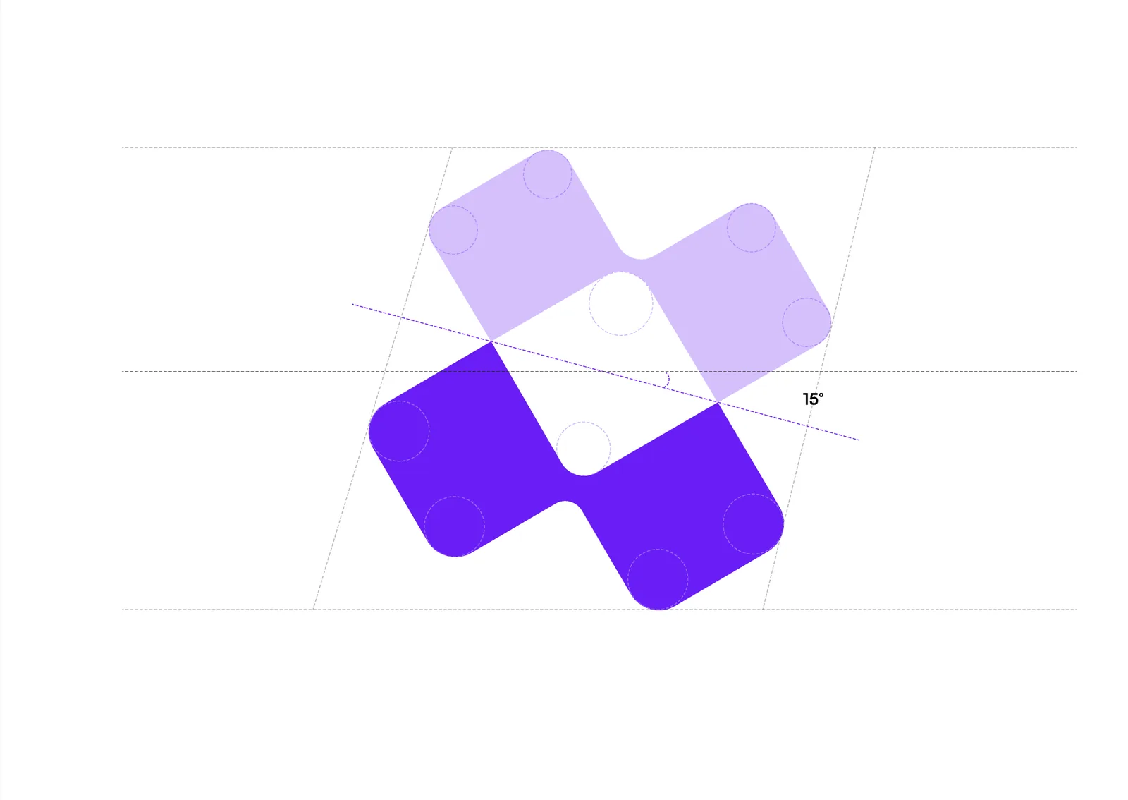 The Lodol symbol's construction: two merged arrow shapes, rotated 15 degrees, built from rounded blocks.